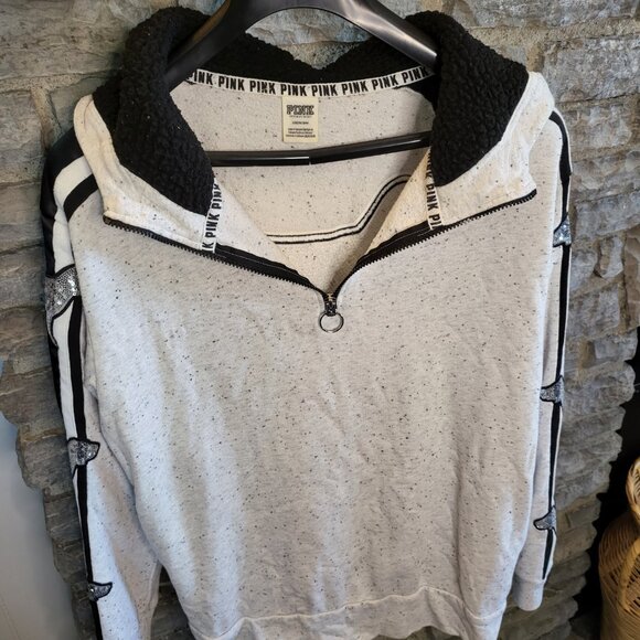 Victoria Secret Pink Bling Sequin Logo Dog Hooded Pullover 1/4 Zip Gray Black LG - Picture 6 of 12